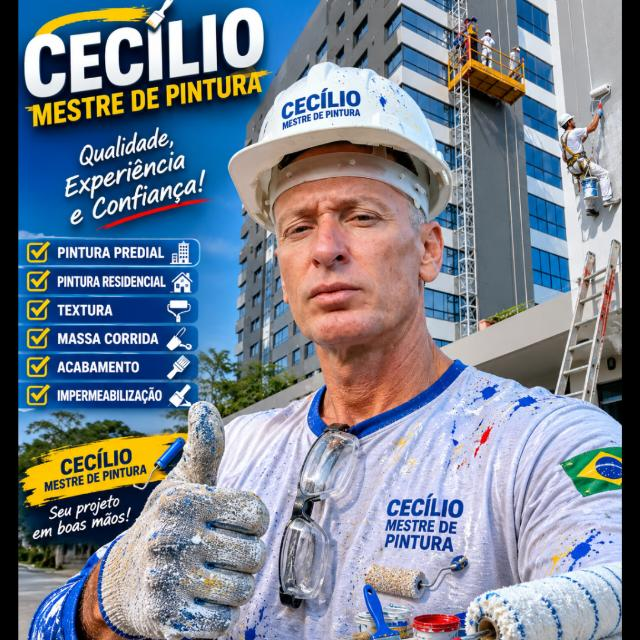 Imagem de apresentação de Cecílio, mestre de pintura, com a identidade azul e amarela da marca
